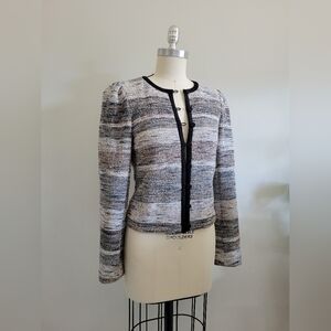 Club Monaco black, white, grey, tan, blue tweed boucle jacket